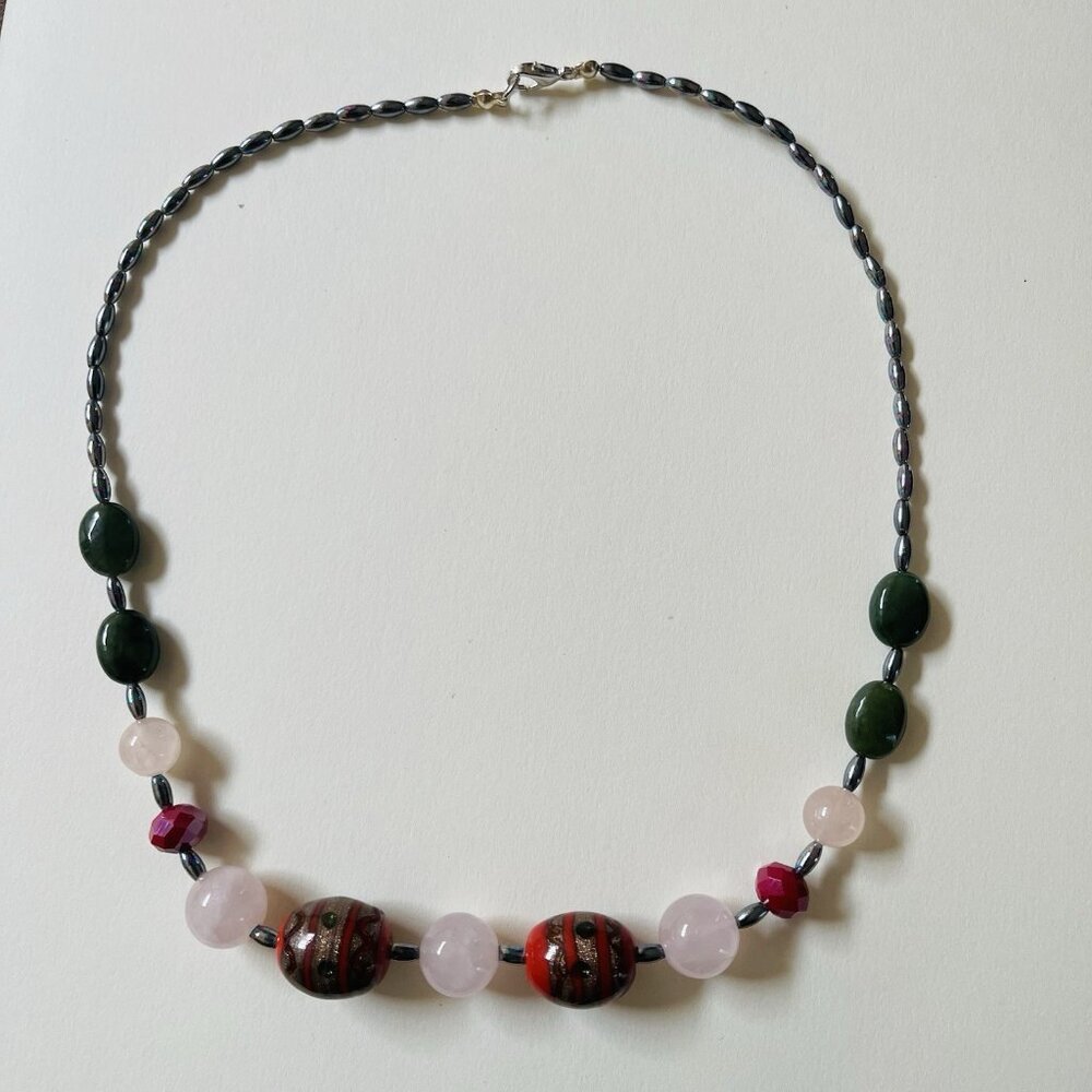Vintage Beaded Necklace Rose Quartz Jade Glass Hematite Red Green 19 Inch